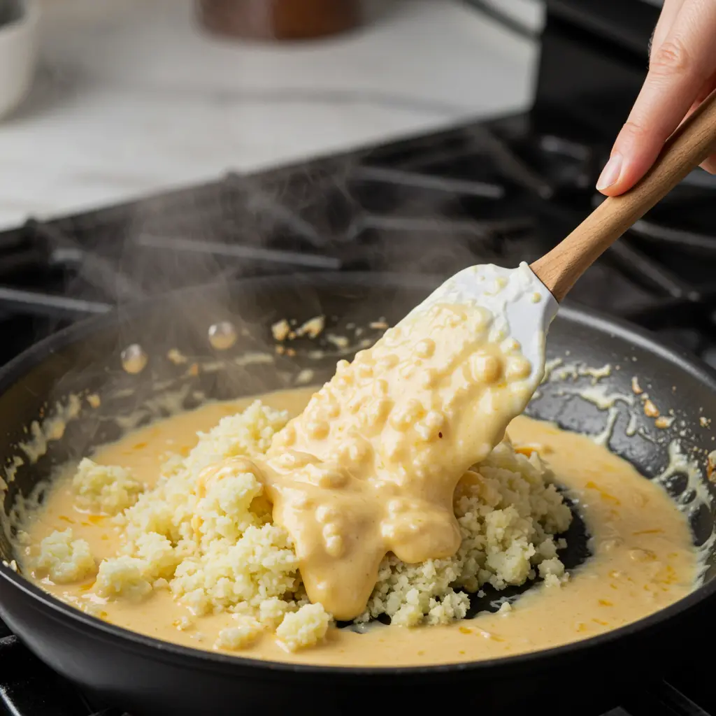 Stirring riced cauliflower into bubbling cheese sauce in skillet