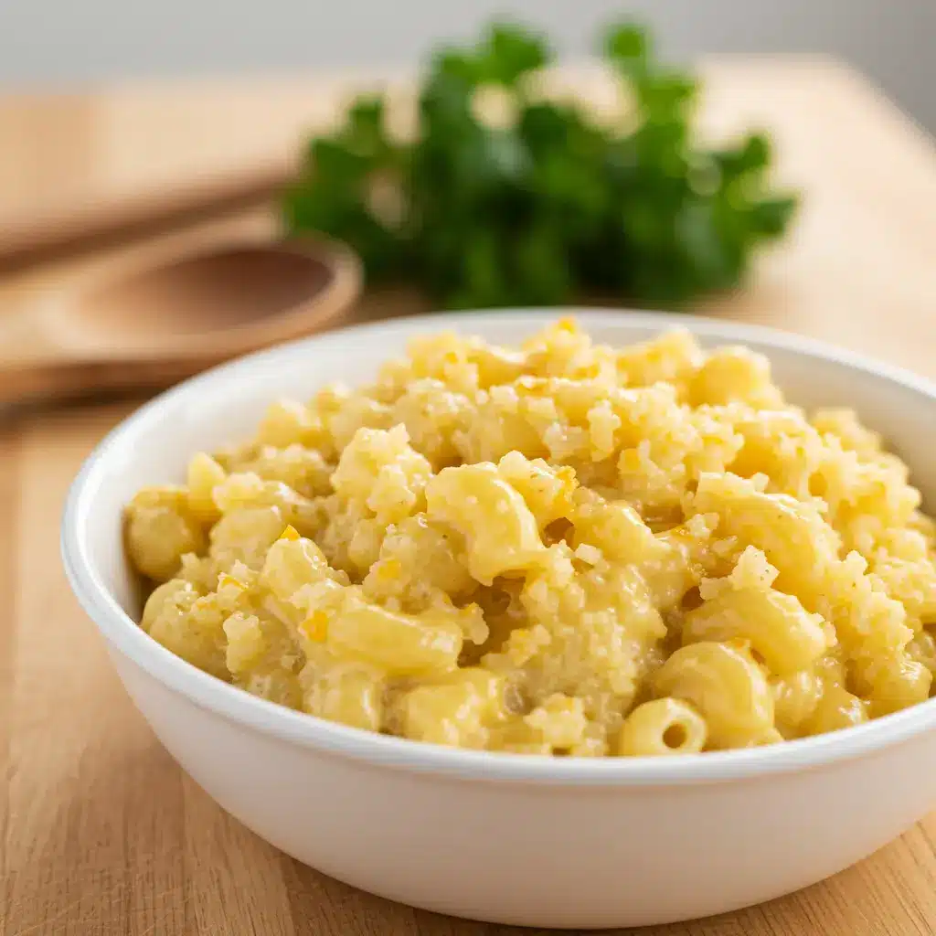Bowl of creamy Riced Cauliflower Mac-n-Cheese in a white ceramic bowl on a wooden countertop