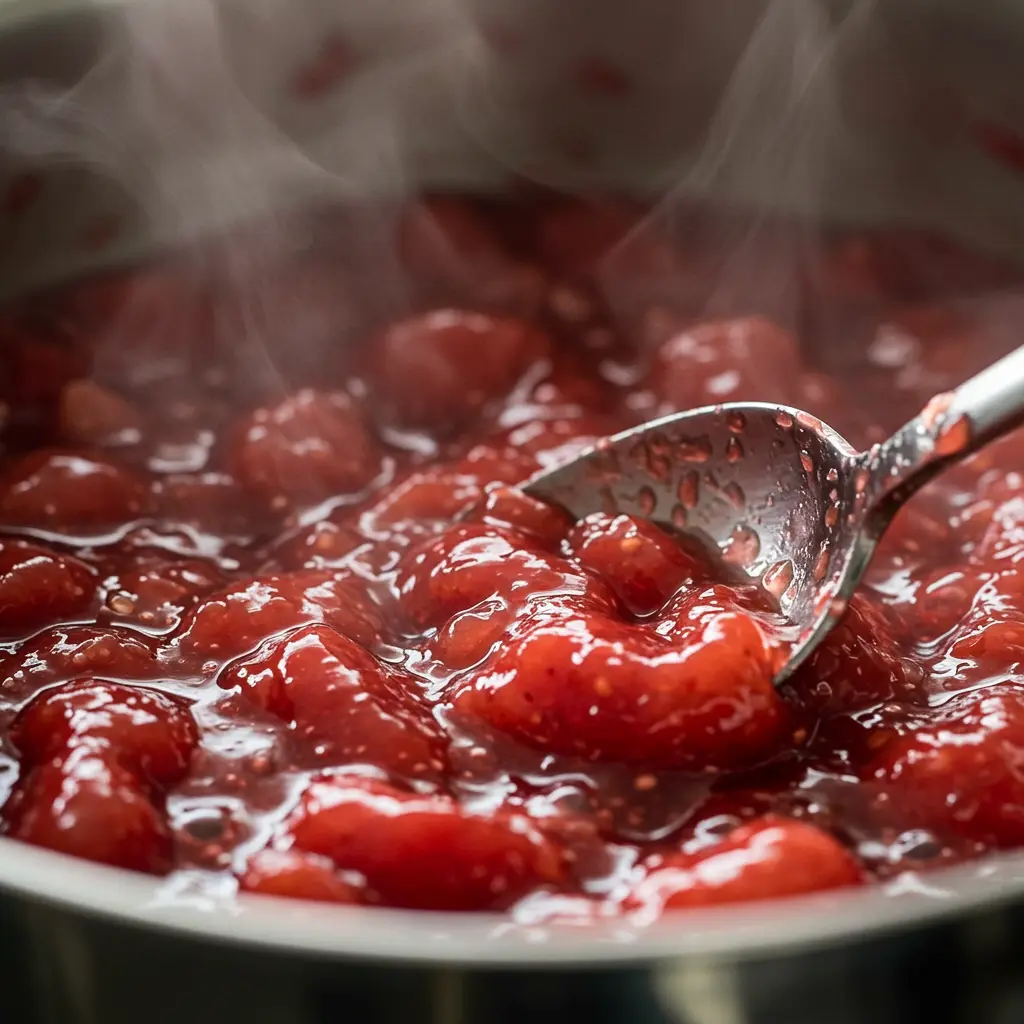 strawberry rhubarb jam cooking in pot