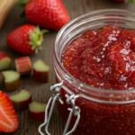 homemade strawberry rhubarb jam in glass jar