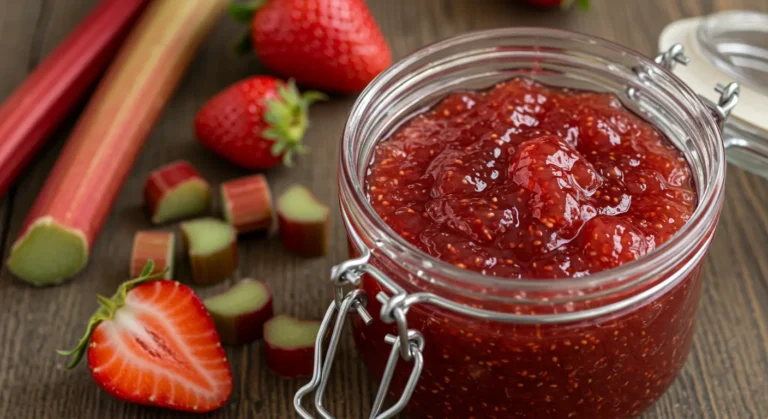 homemade strawberry rhubarb jam in glass jar