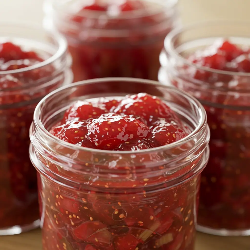 strawberry rhubarb jam in gift jars