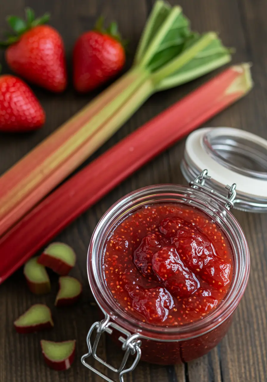 homemade strawberry rhubarb jam in glass jar