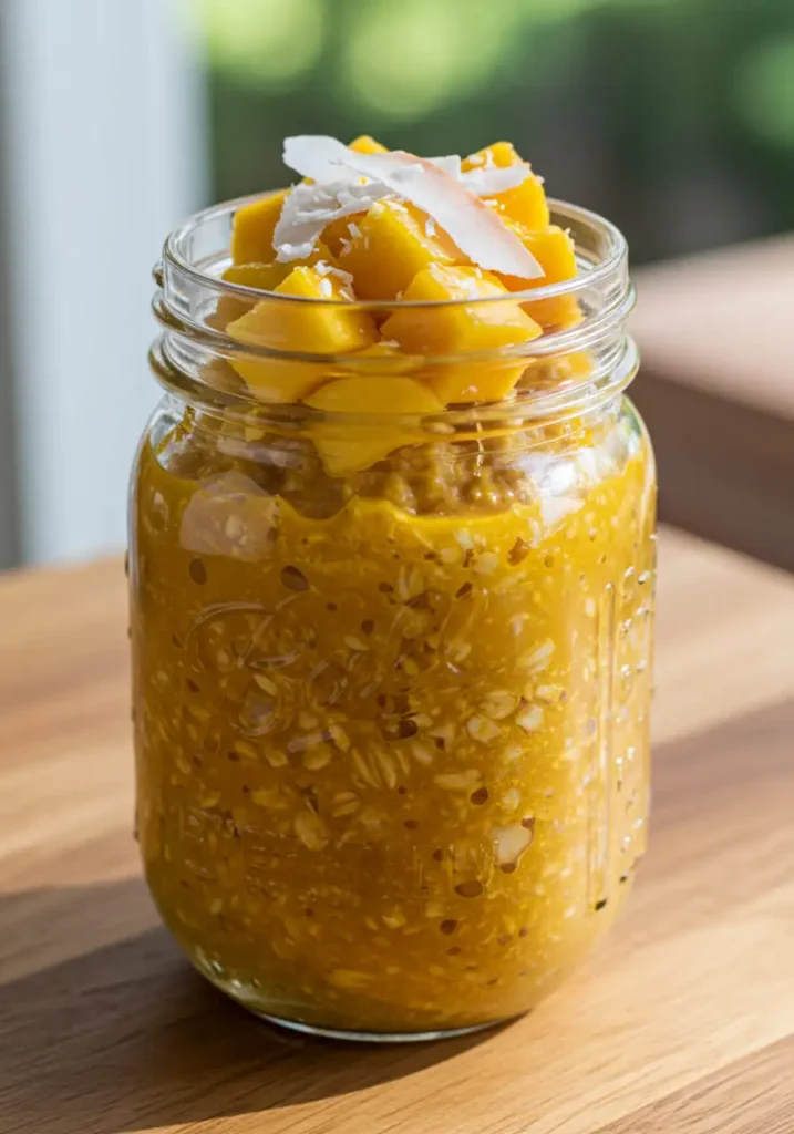 tropical turmeric overnight oats in a jar with fruit toppings