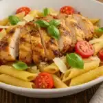 Overhead bowl of bruschetta chicken pasta with cherry tomatoes, basil, mozzarella, and penne