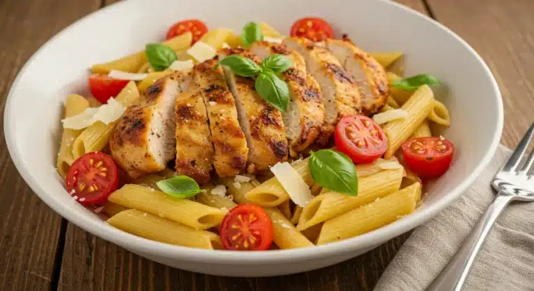 Overhead bowl of bruschetta chicken pasta with cherry tomatoes, basil, mozzarella, and penne