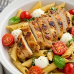Overhead bowl of bruschetta chicken pasta with cherry tomatoes, basil, mozzarella, and penne