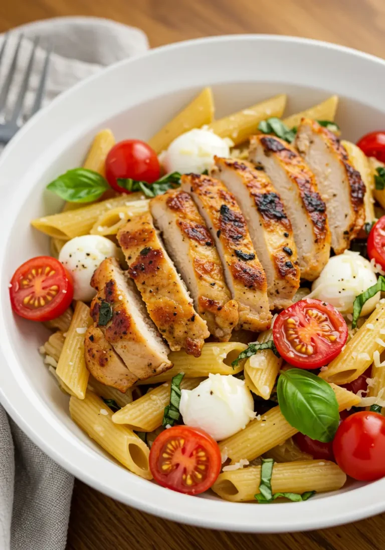 Overhead bowl of bruschetta chicken pasta with cherry tomatoes, basil, mozzarella, and penne