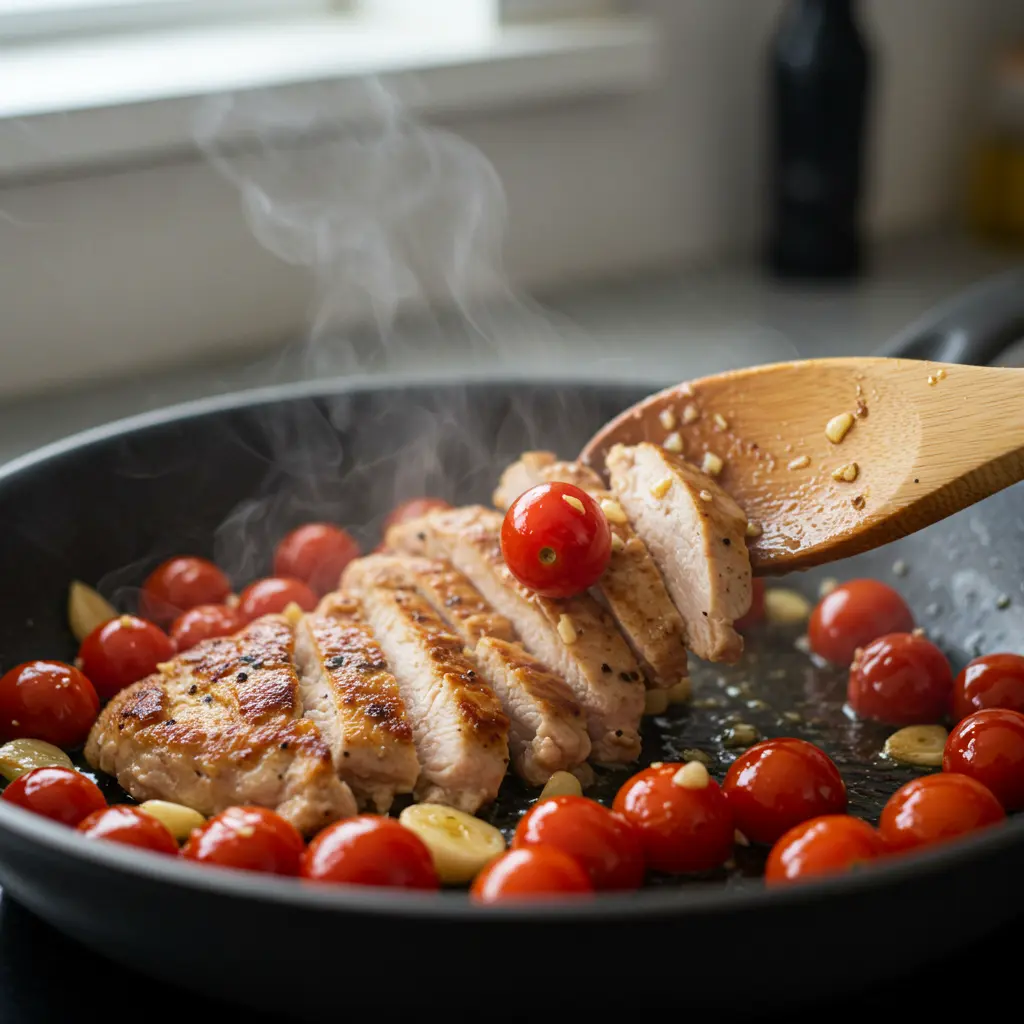 Chicken breasts searing in a cast-iron skillet with olive oil