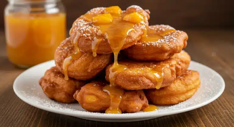 Homemade fresh peach fritters with peach glaze