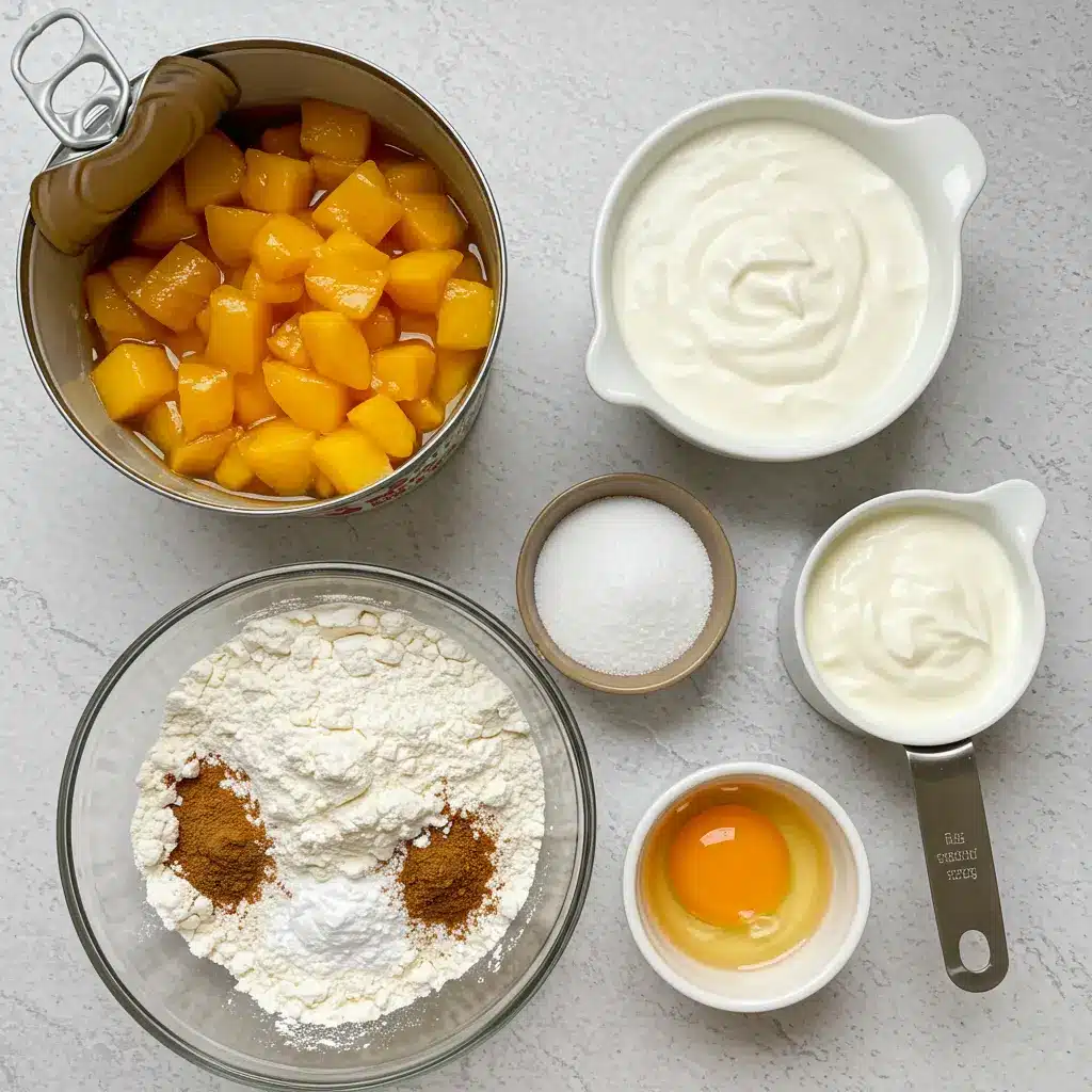 Ingredients for fresh peach fritters with canned peaches and yogurt