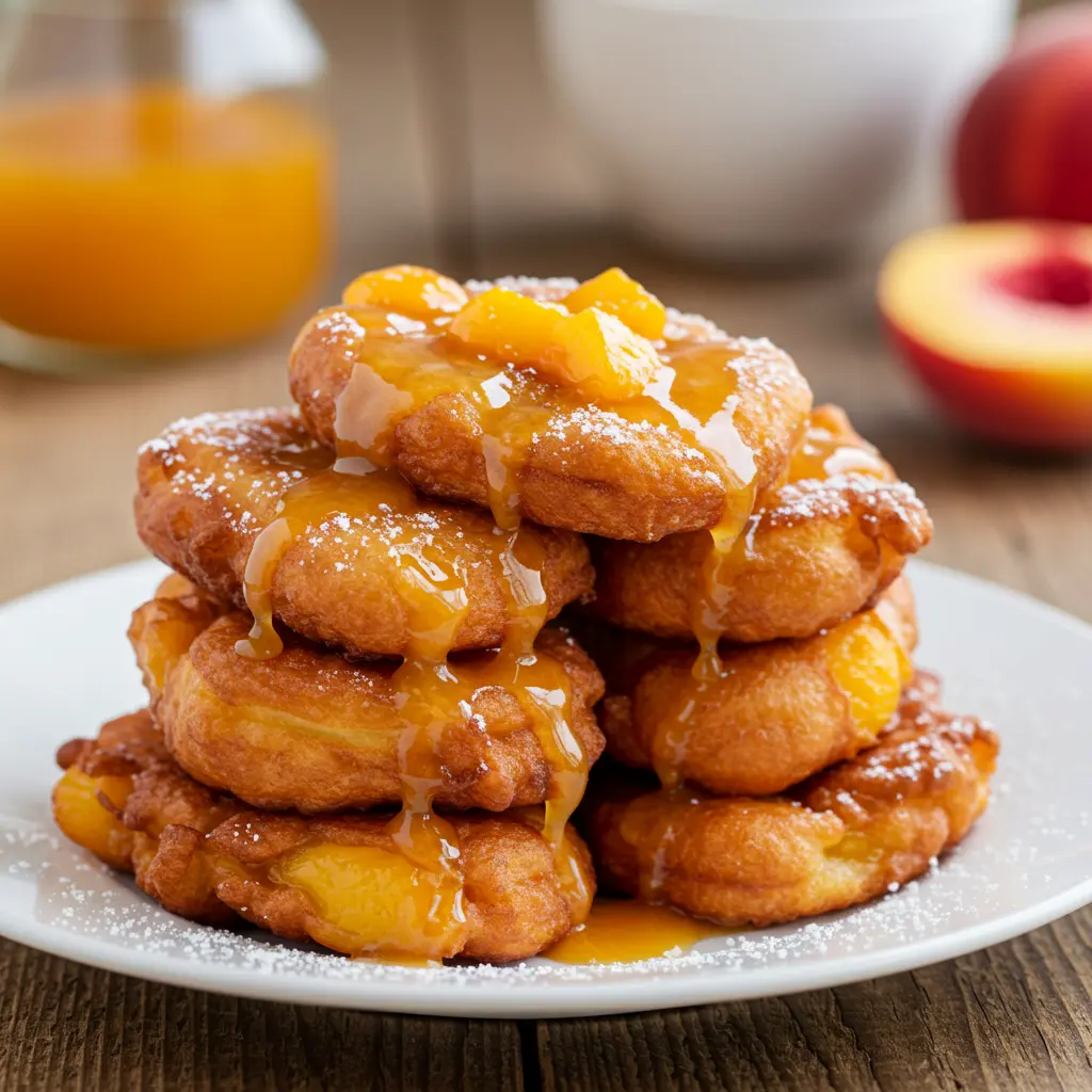 Homemade fresh peach fritters with peach glaze