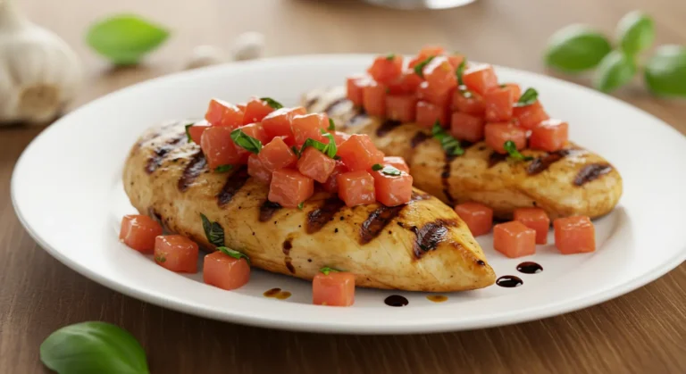 A simple white plate holding two grilled chicken breasts topped with a generous amount of fresh basil bruschetta