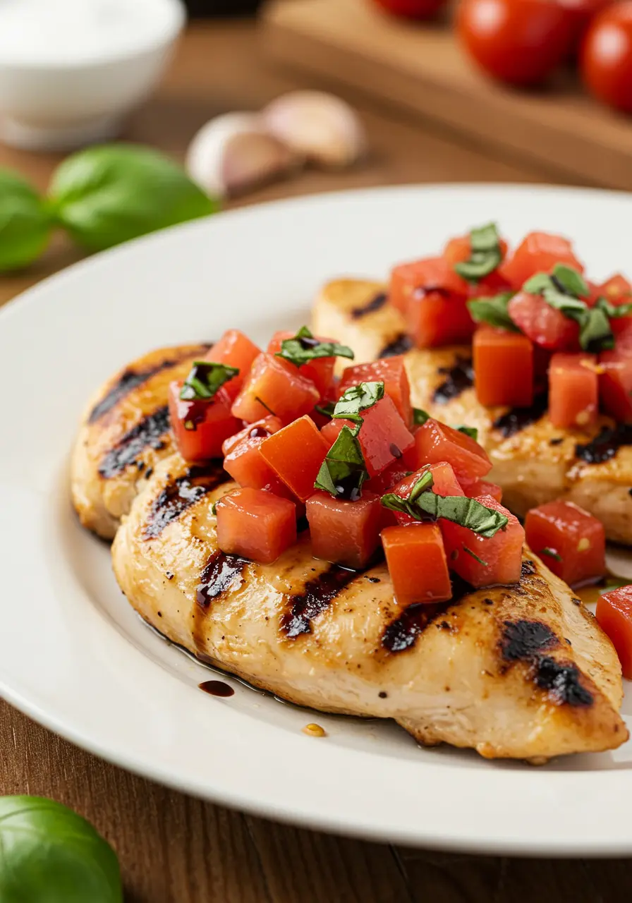 A simple white plate holding two grilled chicken breasts topped with a generous amount of fresh tomato and basil bruschetta.