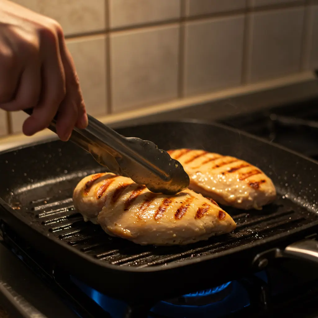 A hand using metal tongs to flip a chicken breast on a hot grill pan, showing sear marks.