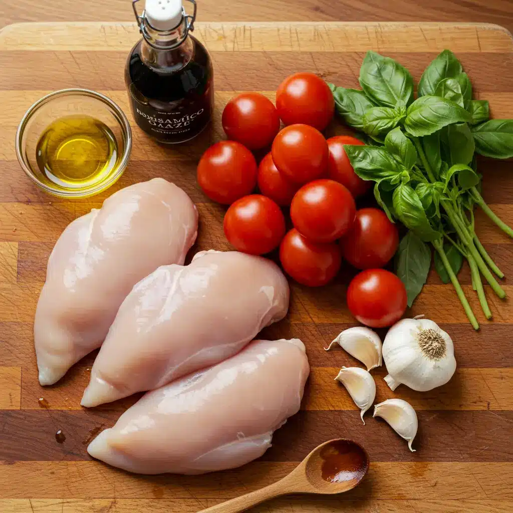 Raw chicken breasts, fresh Roma tomatoes, a bunch of basil, and garlic cloves arranged on a wooden cutting board.