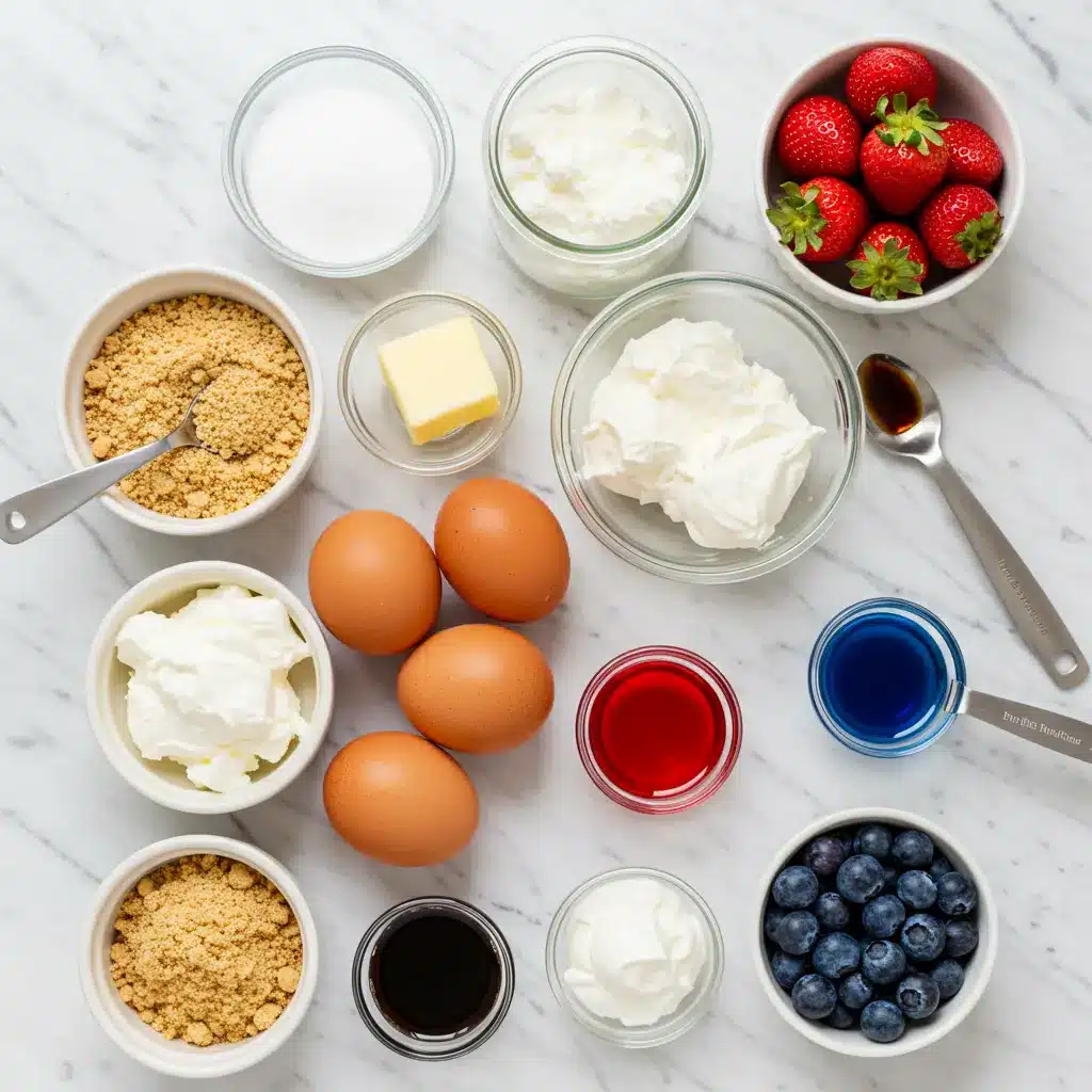 Ingredients laid out for red, white and blue mini cheesecakes