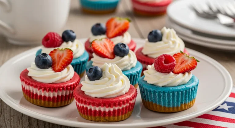 Red, White and Blue Mini Cheesecakes topped with whipped cream and berries