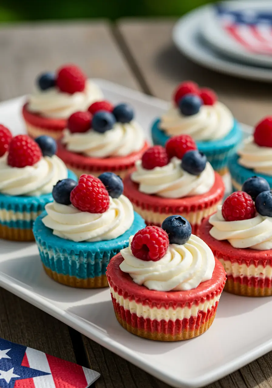 Red, White and Blue Mini Cheesecakes topped with whipped cream and berries
