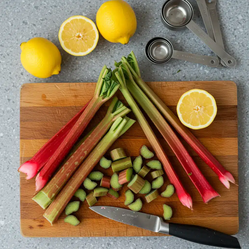 Chopped rhubarb and lemon on cutting board
