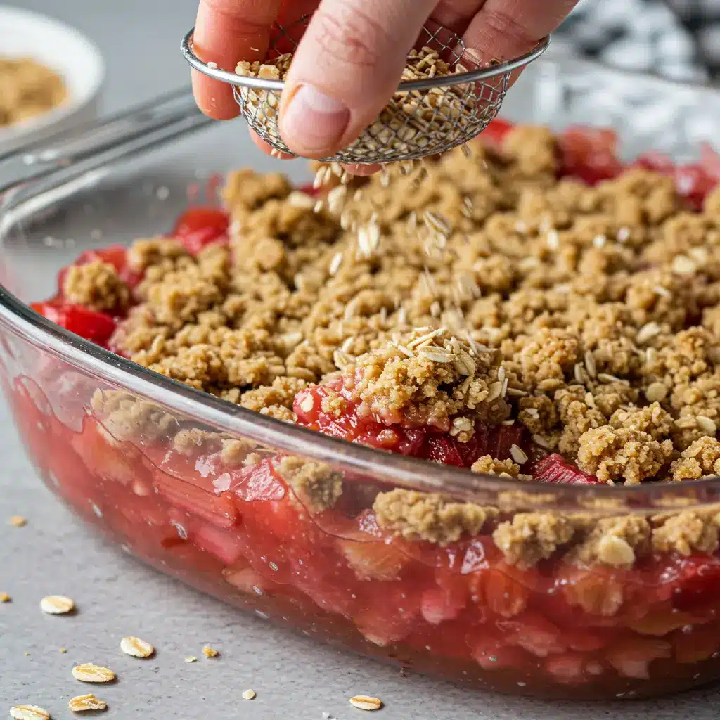 Unbaked rhubarb crisp being topped with oat crumble