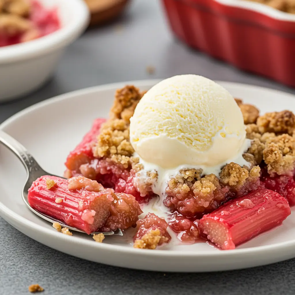 Served rhubarb crisp with vanilla ice cream