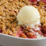 Rhubarb crisp with golden oat topping served warm