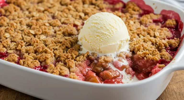 Rhubarb crisp with golden oat topping served warm