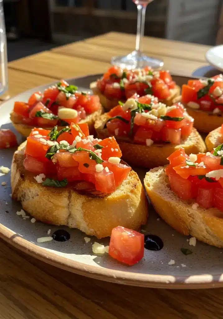 Traditional Bruschetta on Garlic Toast with Tomato and Basil
