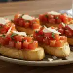 Traditional Bruschetta on Garlic Toast with Tomato and Basil