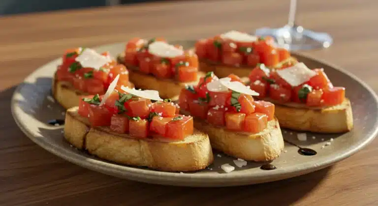 Traditional Bruschetta on Garlic Toast with Tomato and Basil