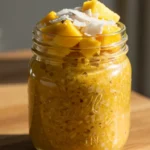 tropical turmeric overnight oats in a jar with fruit toppings