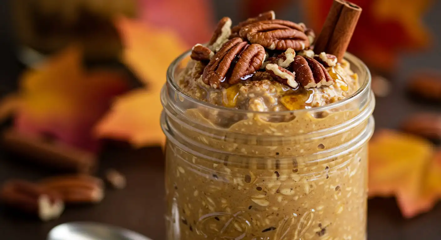 vegan pumpkin pie overnight oats in a mason jar with fall toppings