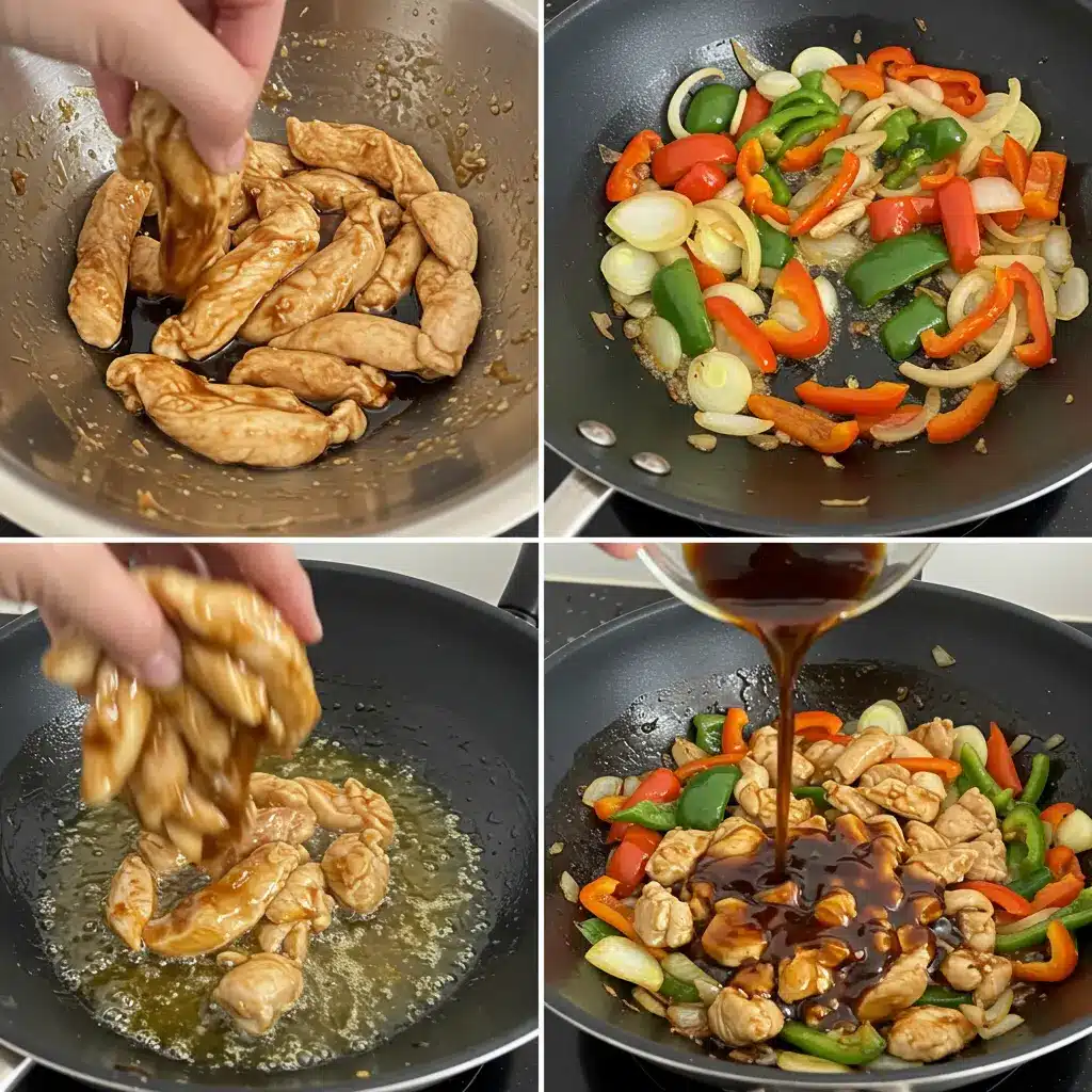 A collage of four images showing the steps to make chicken and pepper stir fry: coating chicken in slurry, stir-frying peppers and onions, heating oil in a wok, and tossing all ingredients with sauce
