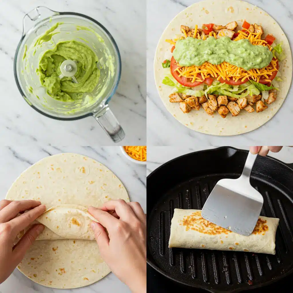 A 2x2 photo collage showing the steps to make a Chipotle Ranch Grilled Chicken Burrito: blending the sauce, layering the fillings, folding the tortilla, and grilling the burrito until golden.