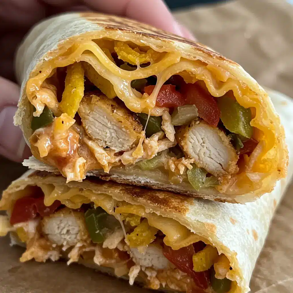 A homemade Chipotle Ranch Grilled Chicken Burrito sliced in half on a rustic wooden board, showing the juicy grilled chicken, melted cheese, and creamy sauces inside.