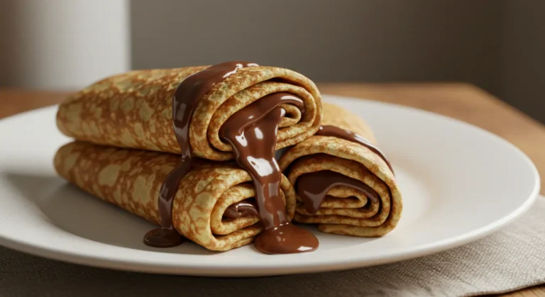 chocolate-filled rolled crêpes with melted chocolate dripping between them on a white plate