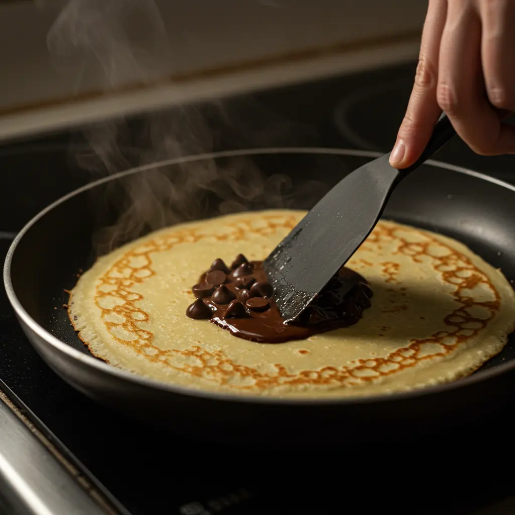 Action shot of chocolate chips melting on a crepe in a skillet with a spatula rolling it up