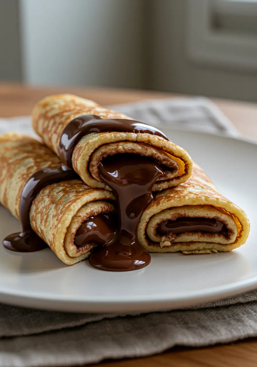 Close-up of two stacked chocolate-filled rolled crêpes with melted chocolate dripping between them on a white plate