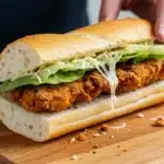 A perfectly assembled crispy chicken Caesar sandwich on a crusty baguette with fresh romaine, creamy dressing, and grated Parmesan