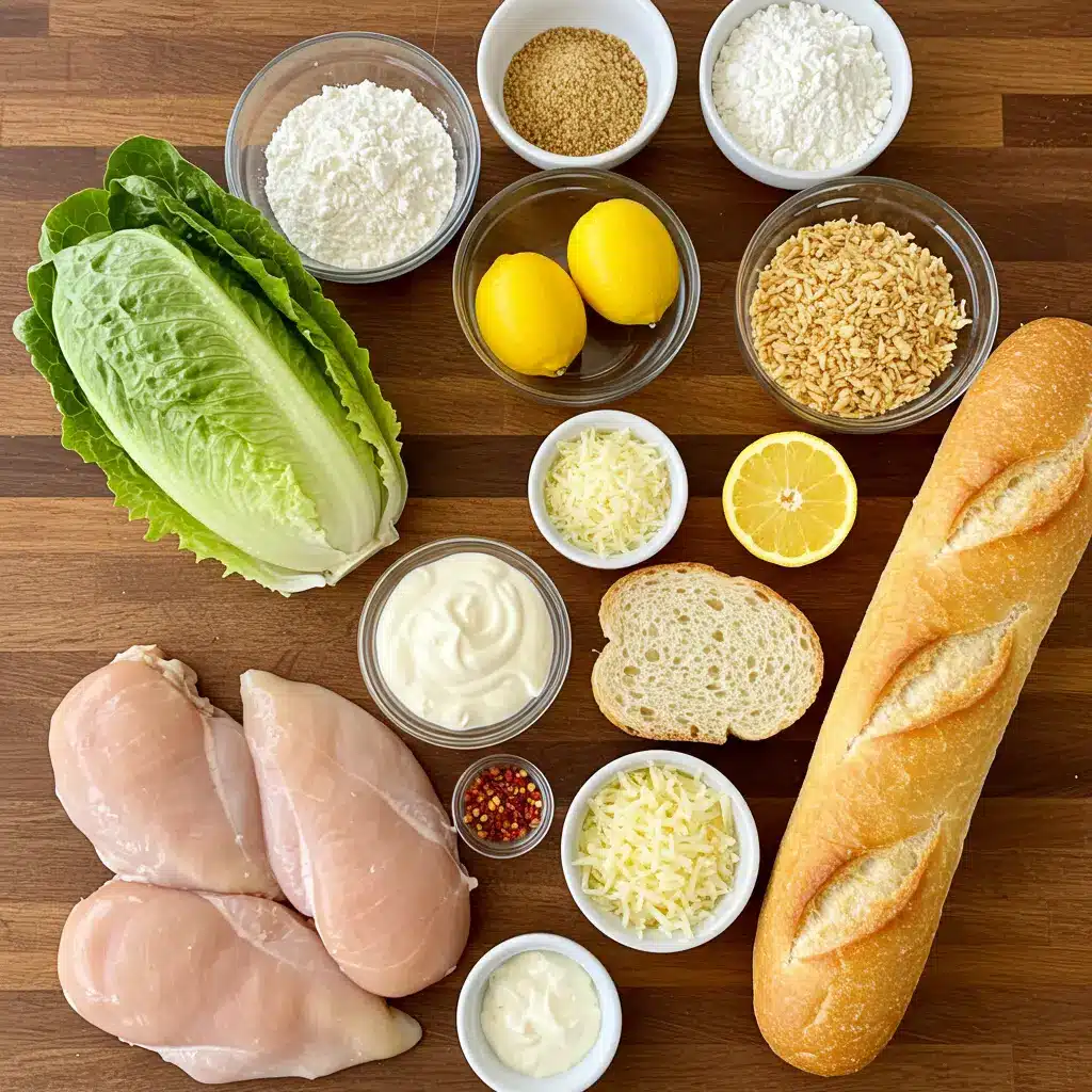 Fresh ingredients laid out for a homemade crispy chicken Caesar sandwich, including chicken, romaine, baguettes, and dressing components.