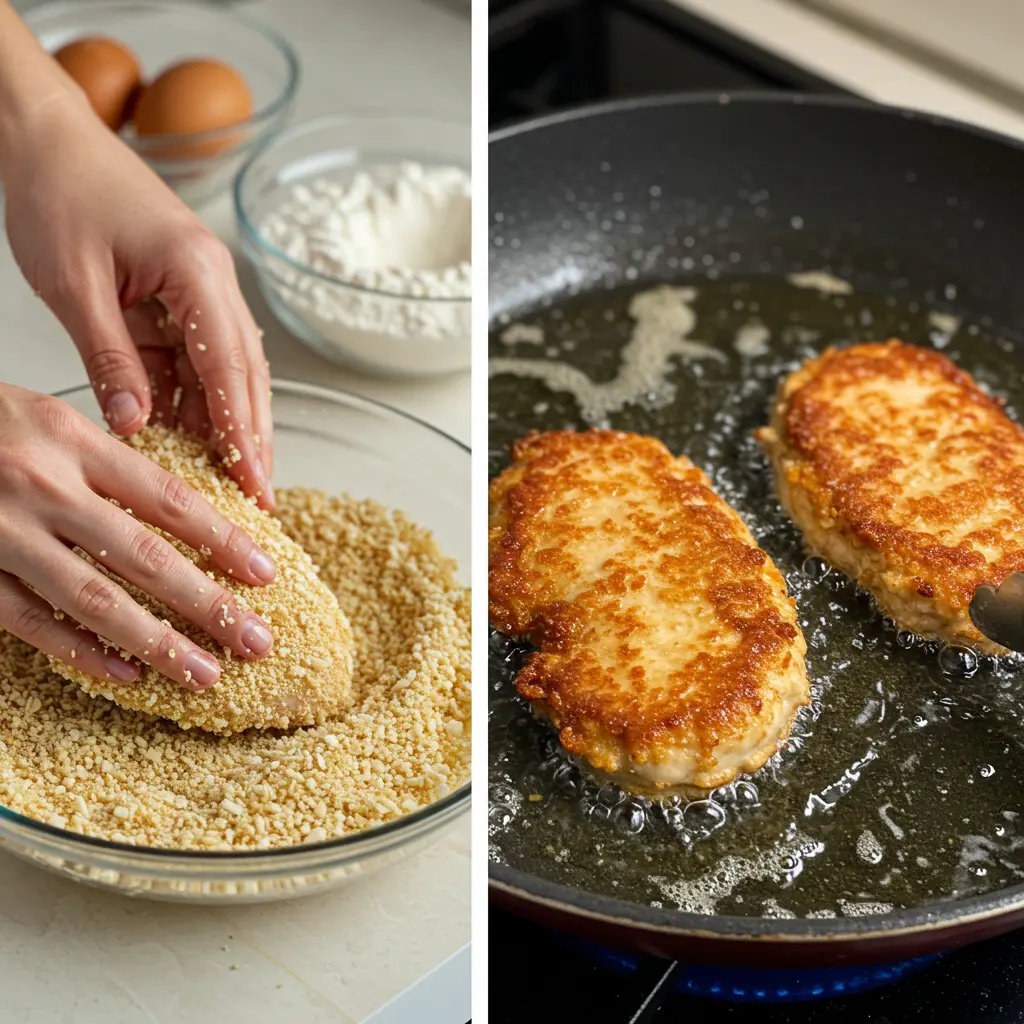 A two-part image showing hands breading chicken with panko, and golden-brown crispy chicken frying in a skillet for a Caesar sandwich.