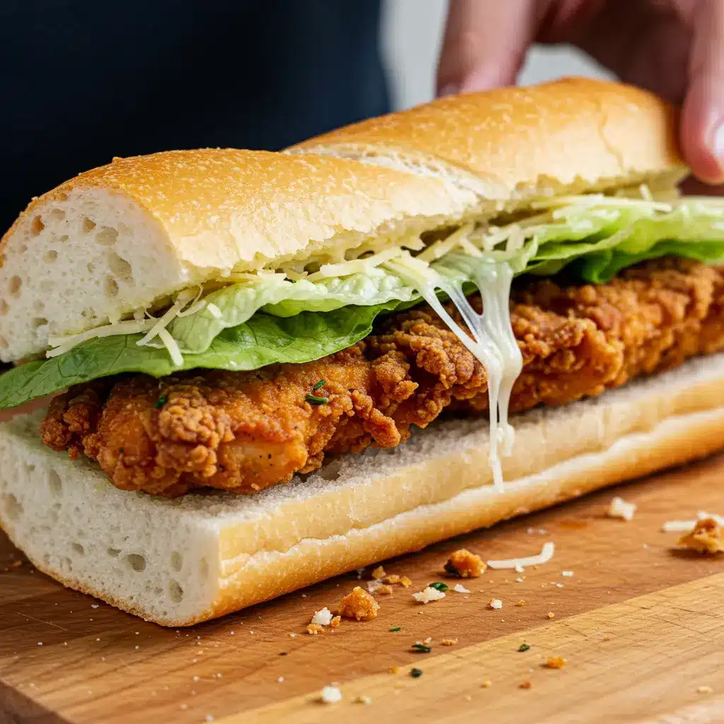 A perfectly assembled crispy chicken Caesar sandwich on a crusty baguette with fresh romaine, creamy dressing, and grated Parmesan