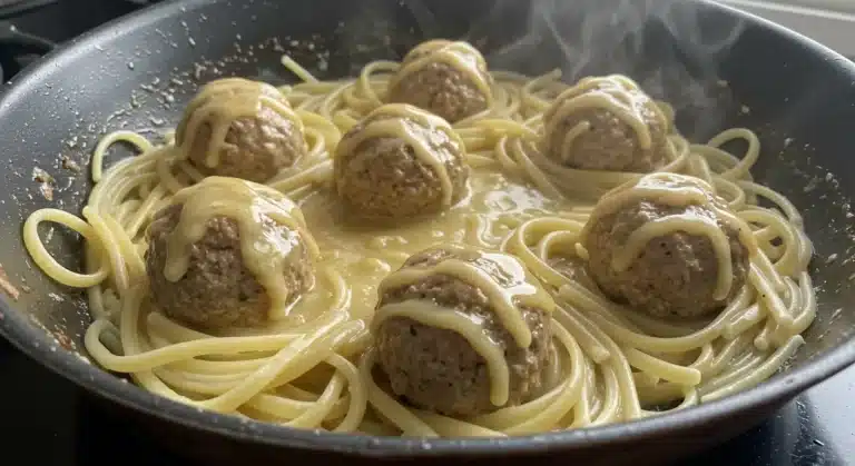 Easy Garlic Butter Meatballs & Creamy Parmesan Linguine