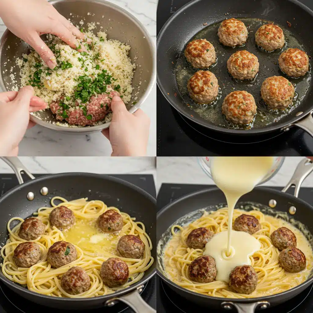 Hands gently mixing ground beef, breadcrumbs, and seasonings in a bowl to form homemade garlic butter meatballs.