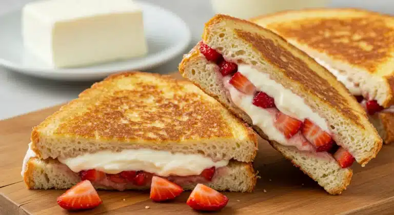 A close-up of a finished Fried Strawberry Cheesecake Sandwich, cut in half and served on a white plate, finished with a dusting of powdered sugar.