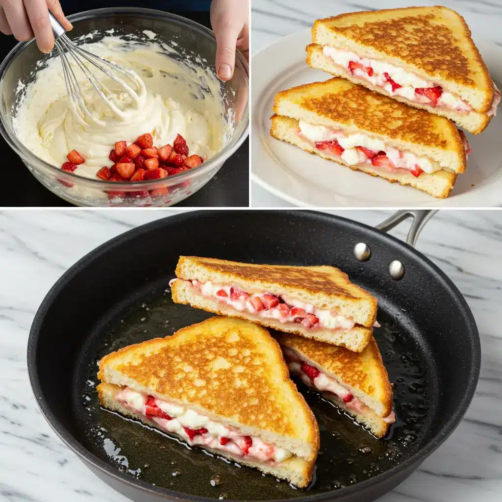 A photo collage showing the steps to make Fried Strawberry Cheesecake Sandwiches: mixing the filling, assembling the sandwich, and frying it in a pan until golden.