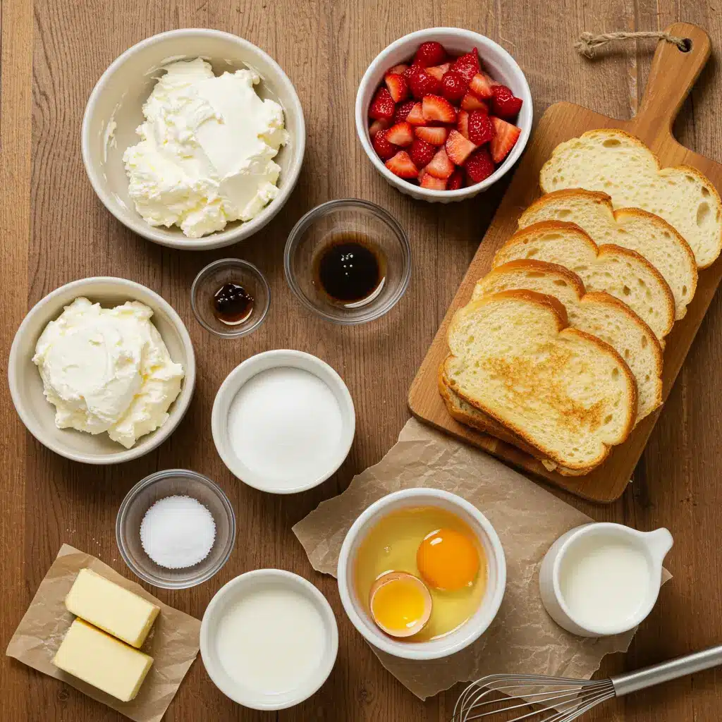 An overhead view of the ingredients for Fried Strawberry Cheesecake Sandwiches, including sliced bread, cream cheese, strawberries, eggs, milk, sugar, butter, and vanilla extract.