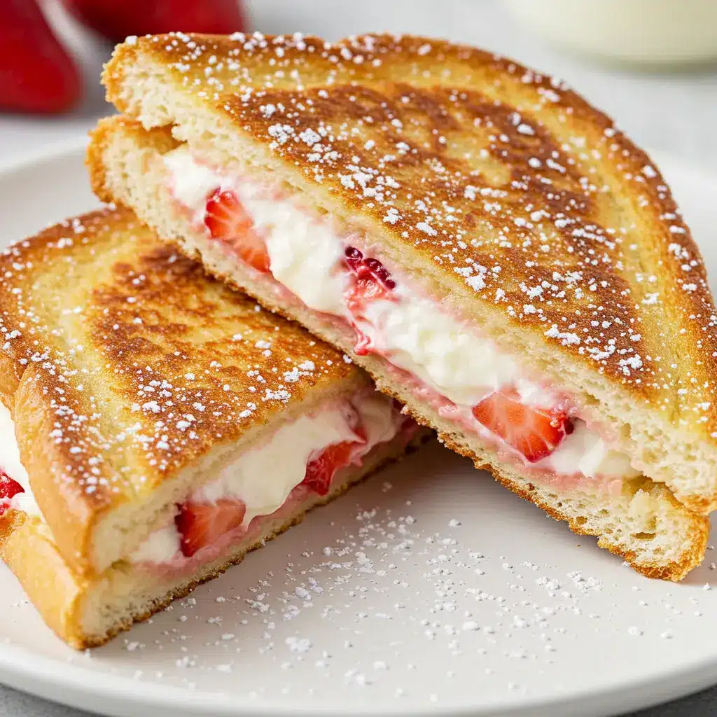 A golden-brown Fried Strawberry Cheesecake Sandwich cut diagonally on a wooden board, with the creamy cheesecake and fresh strawberry filling visible.