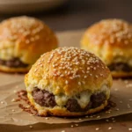Close-up of three golden-brown Homemade Garlic Parmesan Cheeseburger Bombs on parchment paper, with melted cheese oozing from the one in front